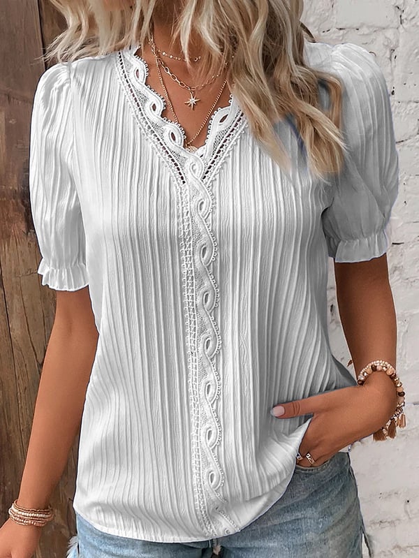 🔥 Camisa Elegante De Encaje De Cuello V Y Color Claro