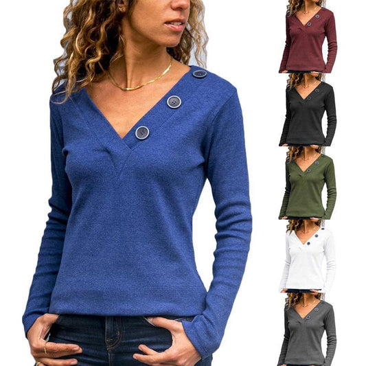 La camiseta casual de manga larga de color sólido con botones de cuello en V - MXbueno