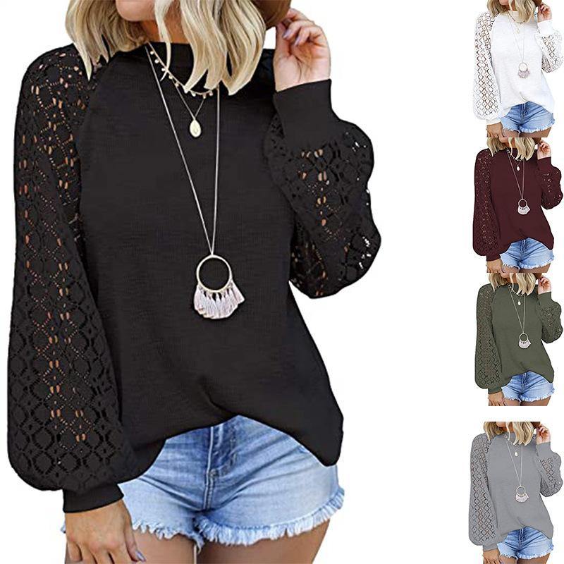 Cuello redondo con encaje de manga larga cosido top suelto - MXbueno