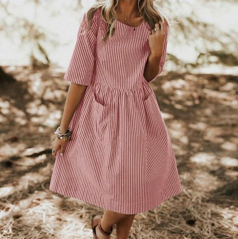 Vestido casual suelto de bolsillo con cuello redondo para mujer - MXbueno