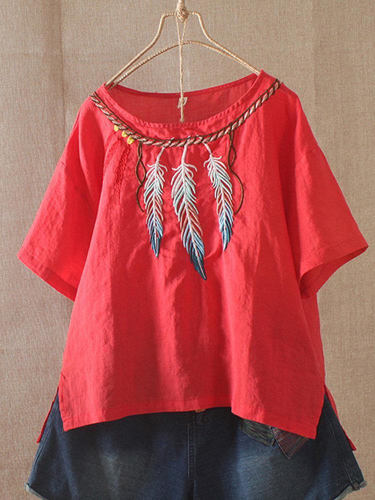 Camiseta mexicana de manga corta y lino con dibujo de pluma - MXbueno