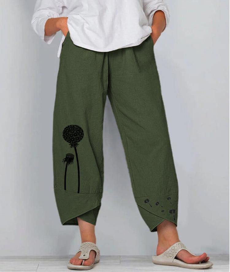 Verano casual de algodón lino suelto estampado pantalones de patas anchas - MXbueno