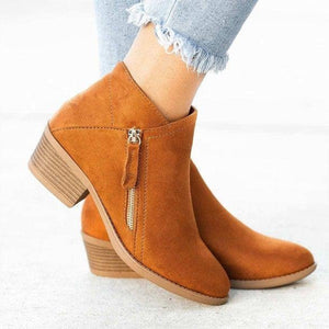 [W-Zapato] Botas De Tobillo Con Cremallera Lateral De Talón Grueso Para Mujeres