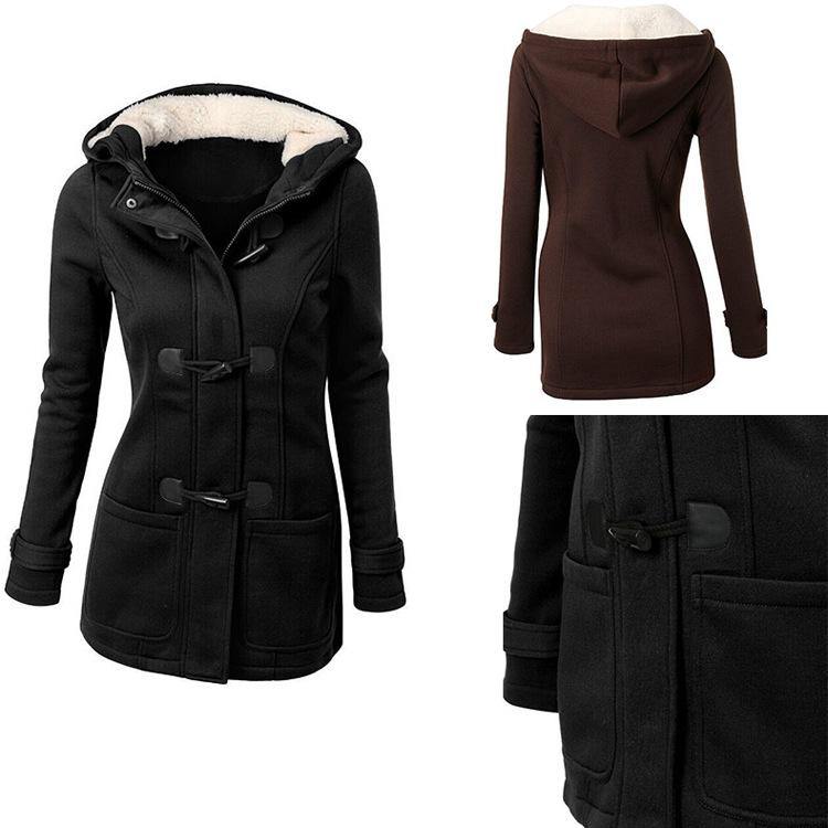 ¡GRAN OFERTA DE SÓLO ESTA SEMANA!Chaqueta de manga larga con capucha de bolsillo con hebilla de cuerno para mujer - MXbueno