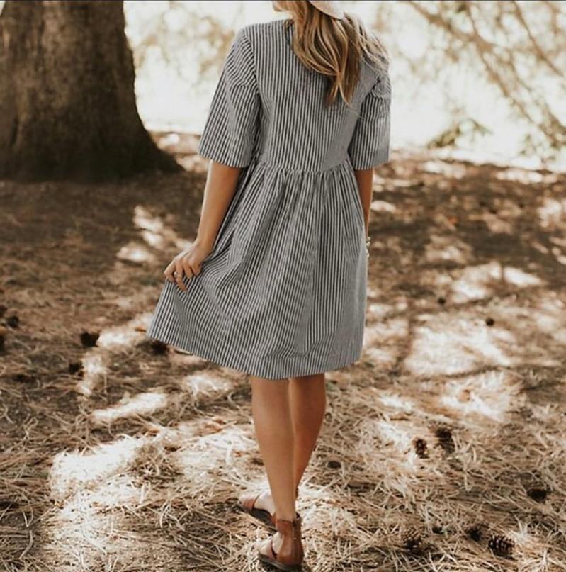Vestido casual suelto de bolsillo con cuello redondo para mujer - MXbueno