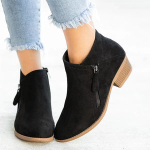 [W-Zapato] Botas De Tobillo Con Cremallera Lateral De Talón Grueso Para Mujeres
