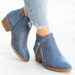 [W-Zapato] Botas De Tobillo Con Cremallera Lateral De Talón Grueso Para Mujeres