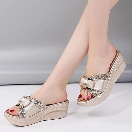Nuevas Sandalias De Plataforma De Cuña De PU Con Lazo Y Lentejuelas Brillantes De Verano Para Mujer