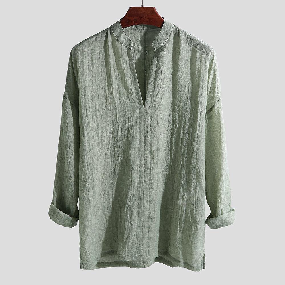 Camisa Holgada De Hombre De Algodón Y Lino Color Liso - MXbueno