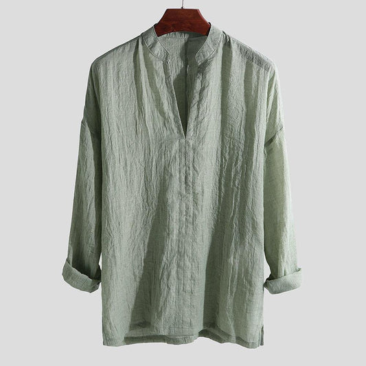 Camisa Holgada De Hombre De Algodón Y Lino Color Liso - MXbueno
