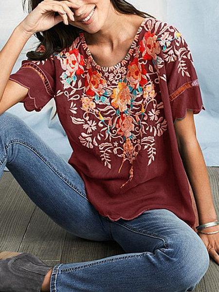 Camisa de bordada con cuello redondo - MXbueno
