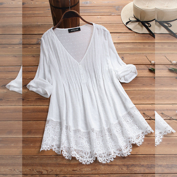 [W-Ropa] Tops De Primavera Y Otoño, Camisas De Lino Y Algodón De Color Sólido, Camisetas Holgadas De Talla Grande Con Huecos, Camisas De Encaje