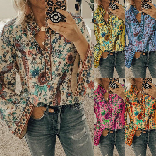 Camisa De Manga Larga Con Botones Sueltos Y Estampado De Pavo Real Estilo Explosión