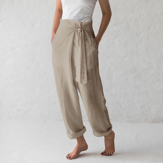 Primavera Y Otoño Pantalones Casuales De Algodón Y Lino De Color Sólido Con Hebilla De Cintura Alta Para Mujer