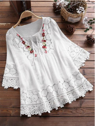 [W-Ropa] Moda encaje Patchwork Bow Blusas para mujer