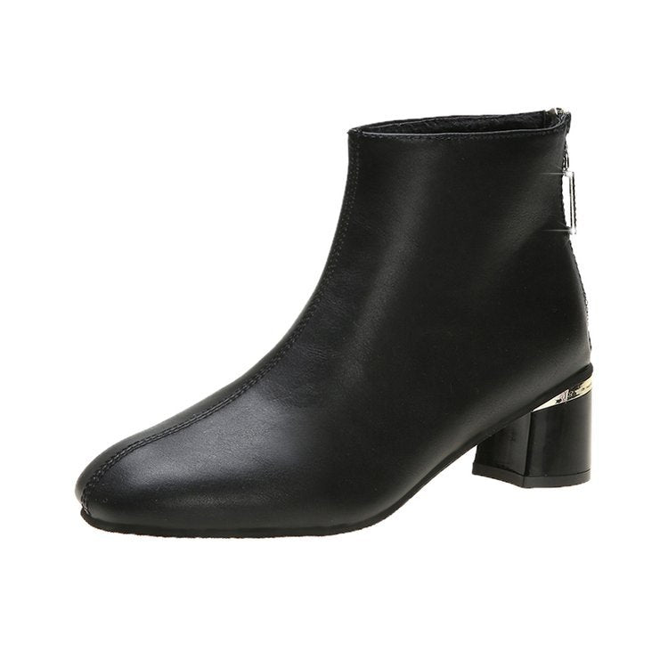 Botas De Mujer Con Cremallera Trasera Y Tubo Corto De Tacón Medio