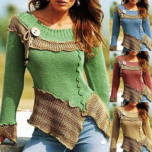 Jersey De Manga Larga Retro De Cuello Redondo Con Costuras De Moda