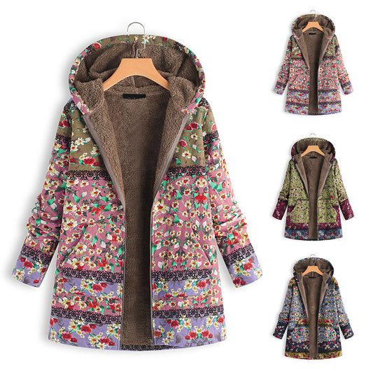Chaqueta Cálida Informal De Talla Grande Con Estampado De Invierno Con Capucha