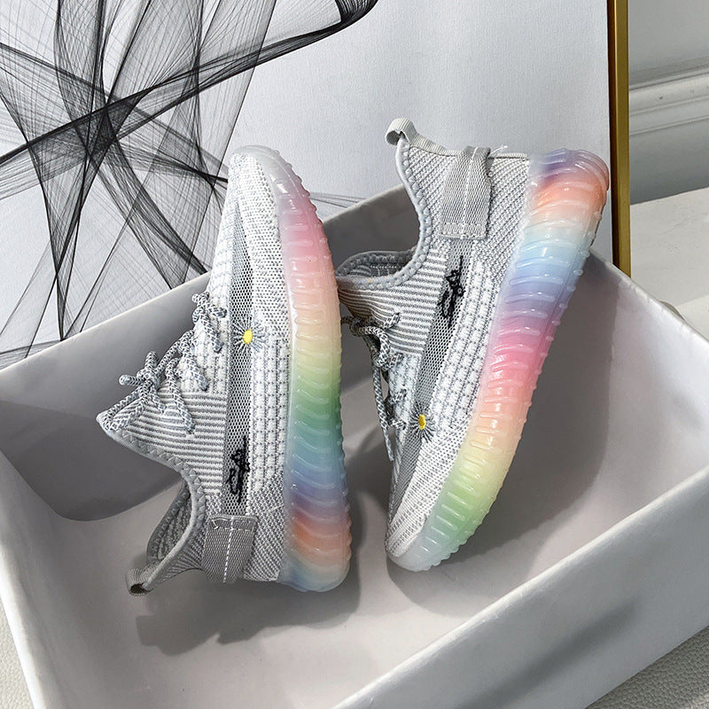 [W-Zapato] Zapatos De Coco Tejidos Voladores Zapatos De Gelatina De Arco Iris Transpirables