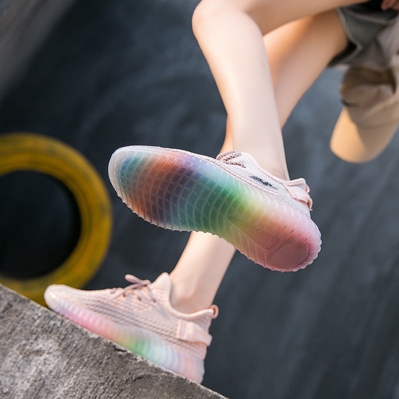 [W-Zapato] Zapatos De Coco Tejidos Voladores Zapatos De Gelatina De Arco Iris Transpirables