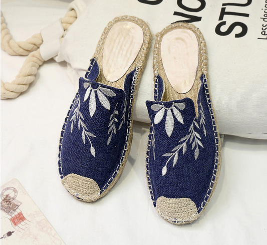 Mujeres moda bordado alpargata plano pantuflas zapatos