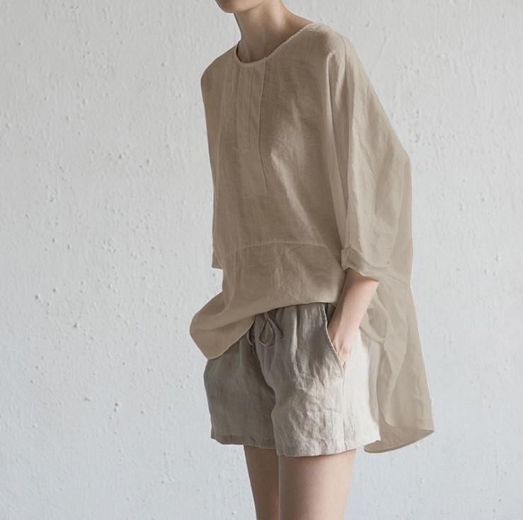 Camiseta Casual De Mezcla de algodón Y Lino Con Cuello Redondo Para Mujer