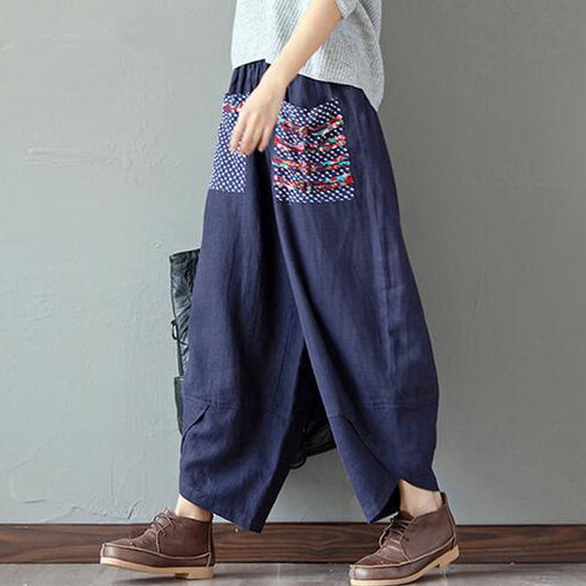 Vintage mujeres Patchwork Pokcet cintura elástica pantalones de pierna ancha y lino