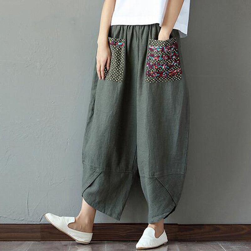 Vintage mujeres Patchwork Pokcet cintura elástica pantalones de pierna ancha y lino