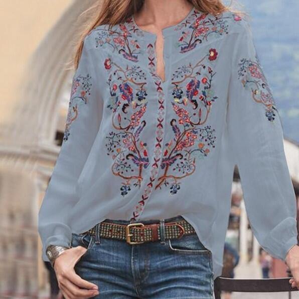 Camisa de mujer de manga larga con cuello alto estampado de moda - MXbueno