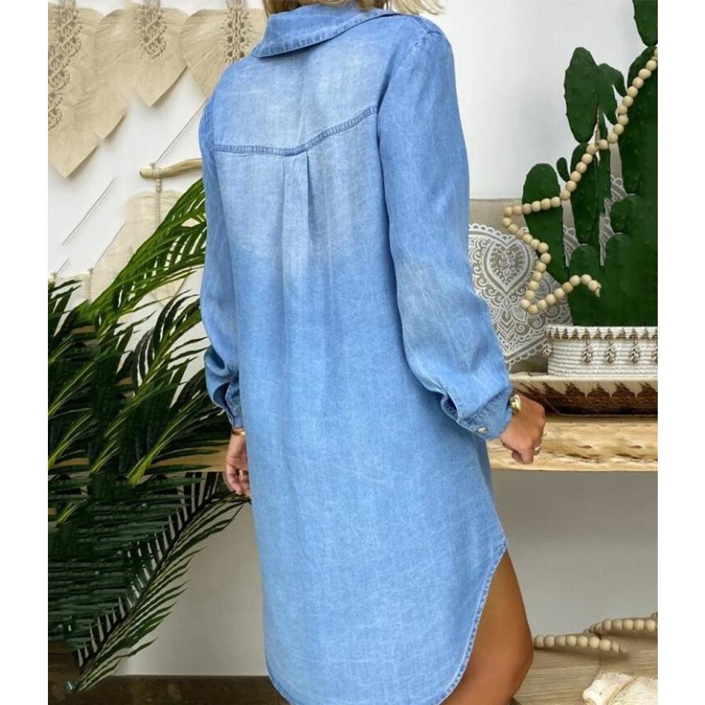 Vestido De Mezclilla Con Camisa De Color Liso De Manga Larga