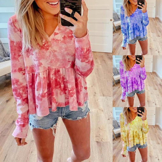 Camiseta De Manga Larga Con Cuello De Pico Y Tie-dye