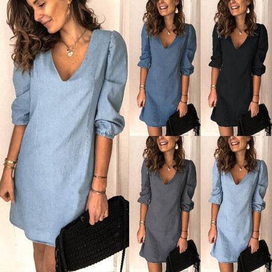 Vestido vaquero holgado de manga corta con cuello en V y tendón - MXbueno