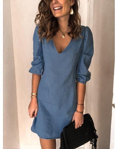 Vestido vaquero holgado de manga corta con cuello en V y tendón - MXbueno