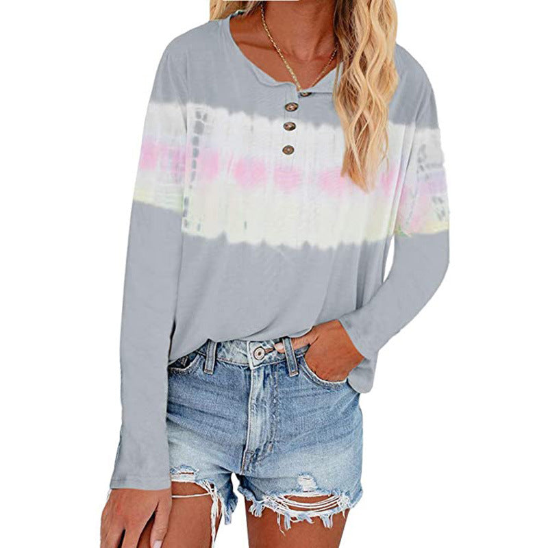 Camiseta De Manga Larga Con Botones Y Estampado Tie-dye
