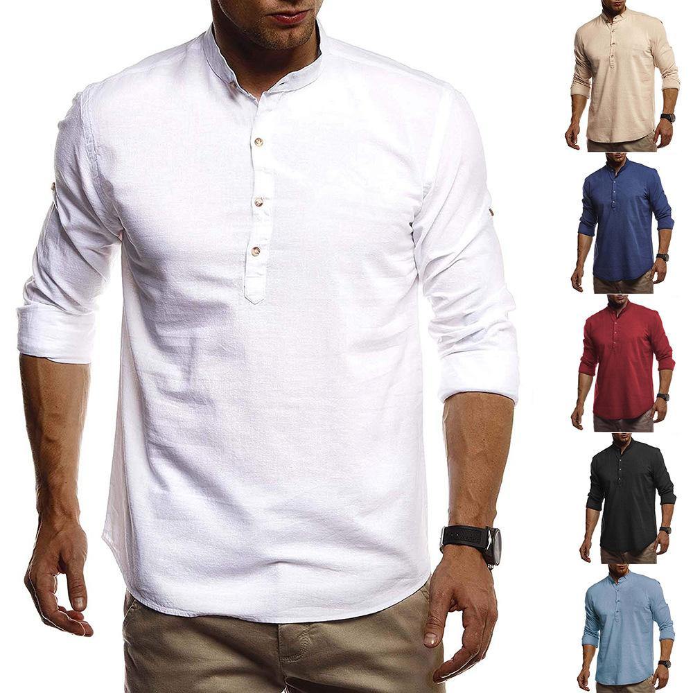 Camisa de algodón y lino de manga larga con cuello alto - MXbueno