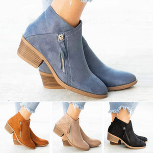 [W-Zapato] Botas De Tobillo Con Cremallera Lateral De Talón Grueso Para Mujeres
