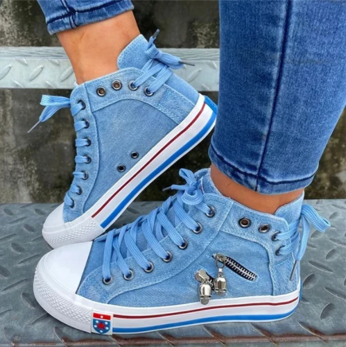 Zapatillas De Lona Con Diseño De Cordones Y Espalda Alta De Mezclilla Para Mujer - MXbueno