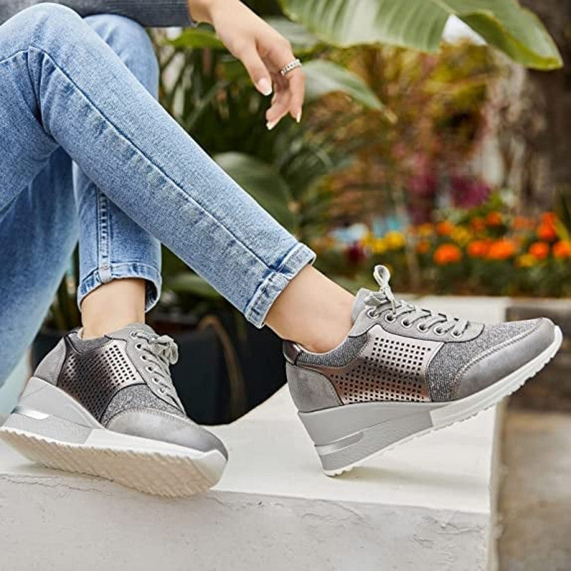 [W-Zapato] Zapatos De Mujer De Encaje Delantero Con Malla De Cuña De Ocio De Cabeza Redonda En Verano