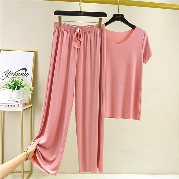 [W-Ropa] Suave Y Cómoda Camiseta De Manga Corta De Seda Helada, Conjunto De Dos Piezas, Pantalones Sueltos De Pierna Ancha