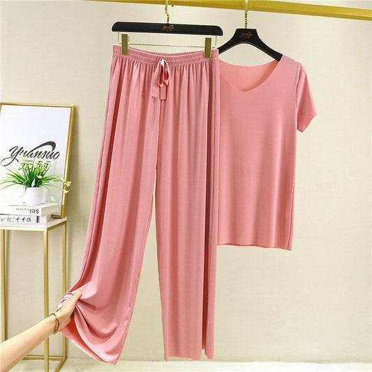 [W-Ropa] Suave Y Cómoda Camiseta De Manga Corta De Seda Helada, Conjunto De Dos Piezas, Pantalones Sueltos De Pierna Ancha
