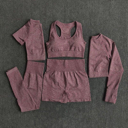 2/3/5PCS Seamless Women Yoga Set Workout Sportswear Gym Clothing Fitness Long Sleeve Crop Top High Waist Leggings Sports Suits - MXbueno