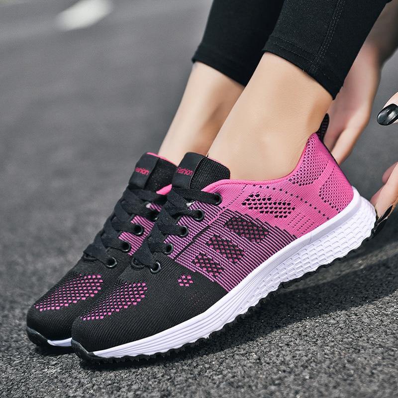 Zapatillas femeninas transpirables ligeras de malla con cordones - MXbueno