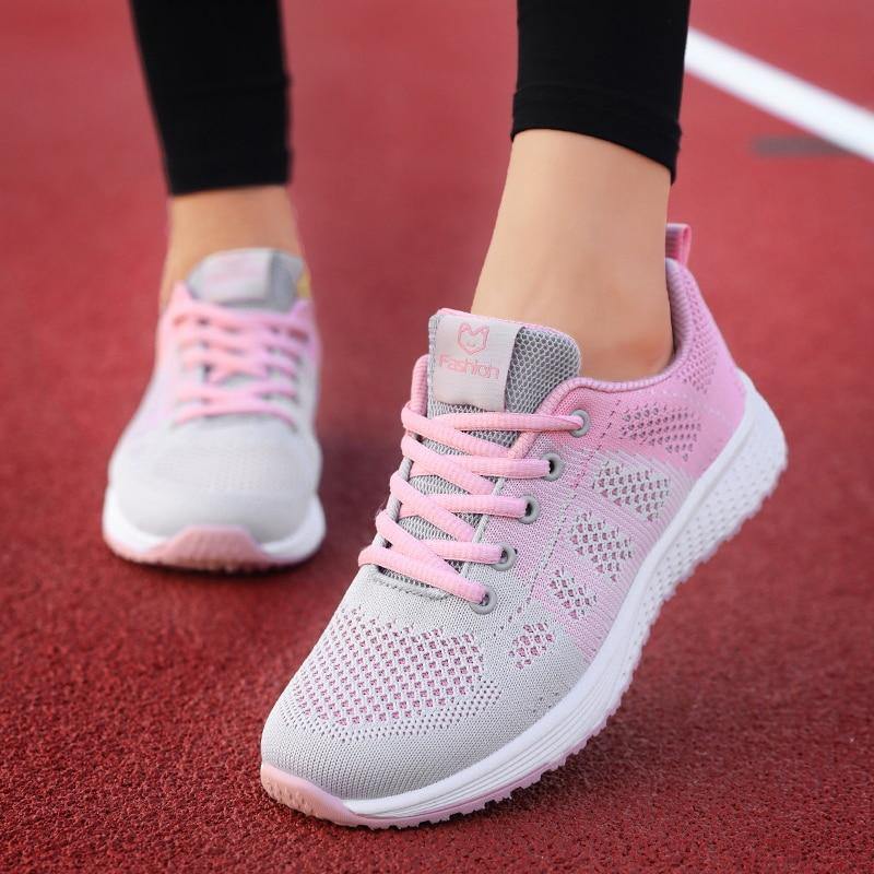 Zapatillas femeninas transpirables ligeras de malla con cordones - MXbueno