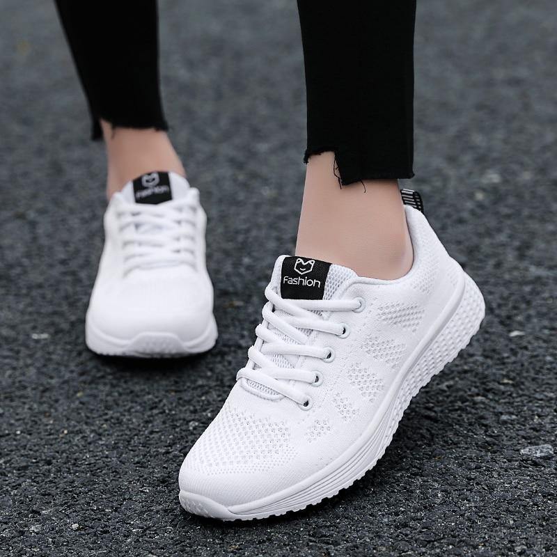 Zapatillas femeninas transpirables ligeras de malla con cordones - MXbueno