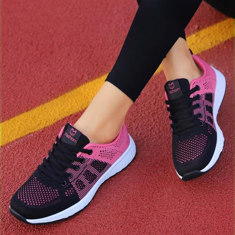 Zapatillas femeninas transpirables ligeras de malla con cordones - MXbueno