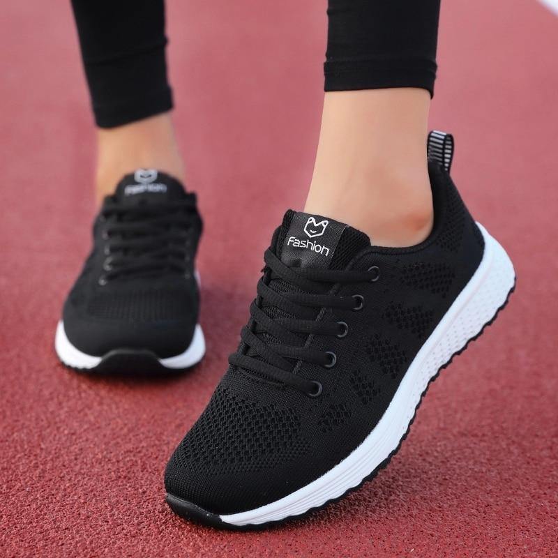 Zapatillas femeninas transpirables ligeras de malla con cordones - MXbueno