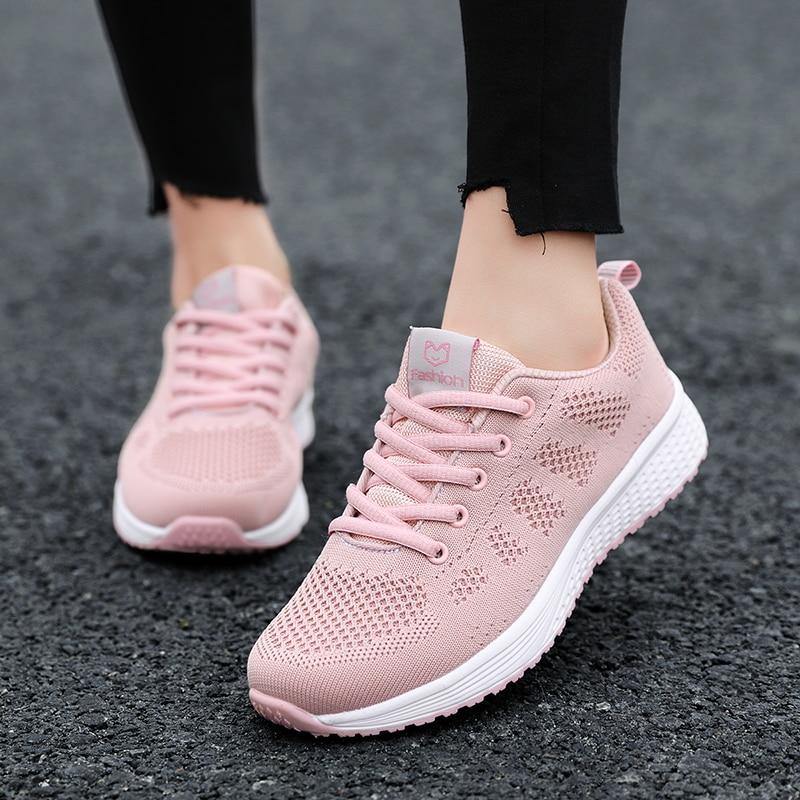 Zapatillas femeninas transpirables ligeras de malla con cordones - MXbueno