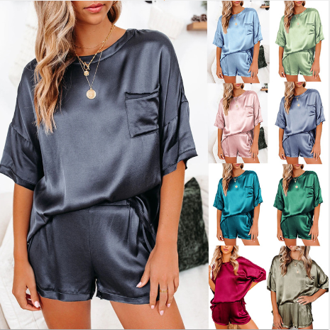 Traje de servicio a domicilio de pijamas de manga corta con cuello redondo y hombros caídos anti-seda de color puro