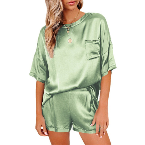 Traje de servicio a domicilio de pijamas de manga corta con cuello redondo y hombros caídos anti-seda de color puro