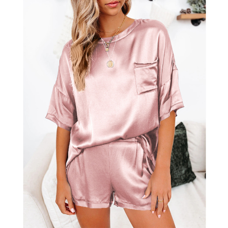 Traje de servicio a domicilio de pijamas de manga corta con cuello redondo y hombros caídos anti-seda de color puro